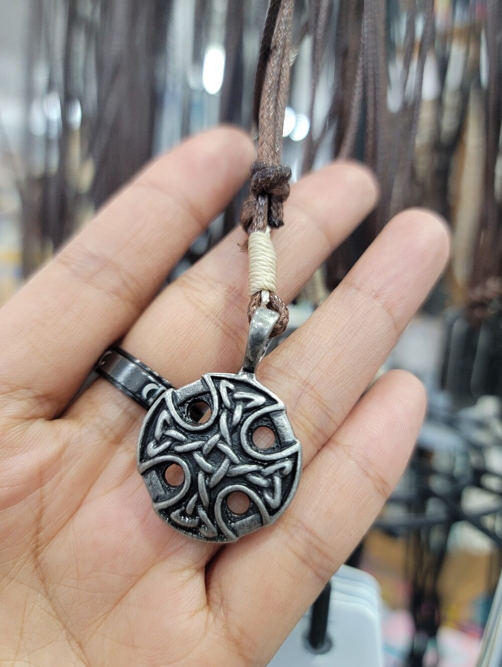 Celtic Knot Silver Medallion Necklace with Brown Cord